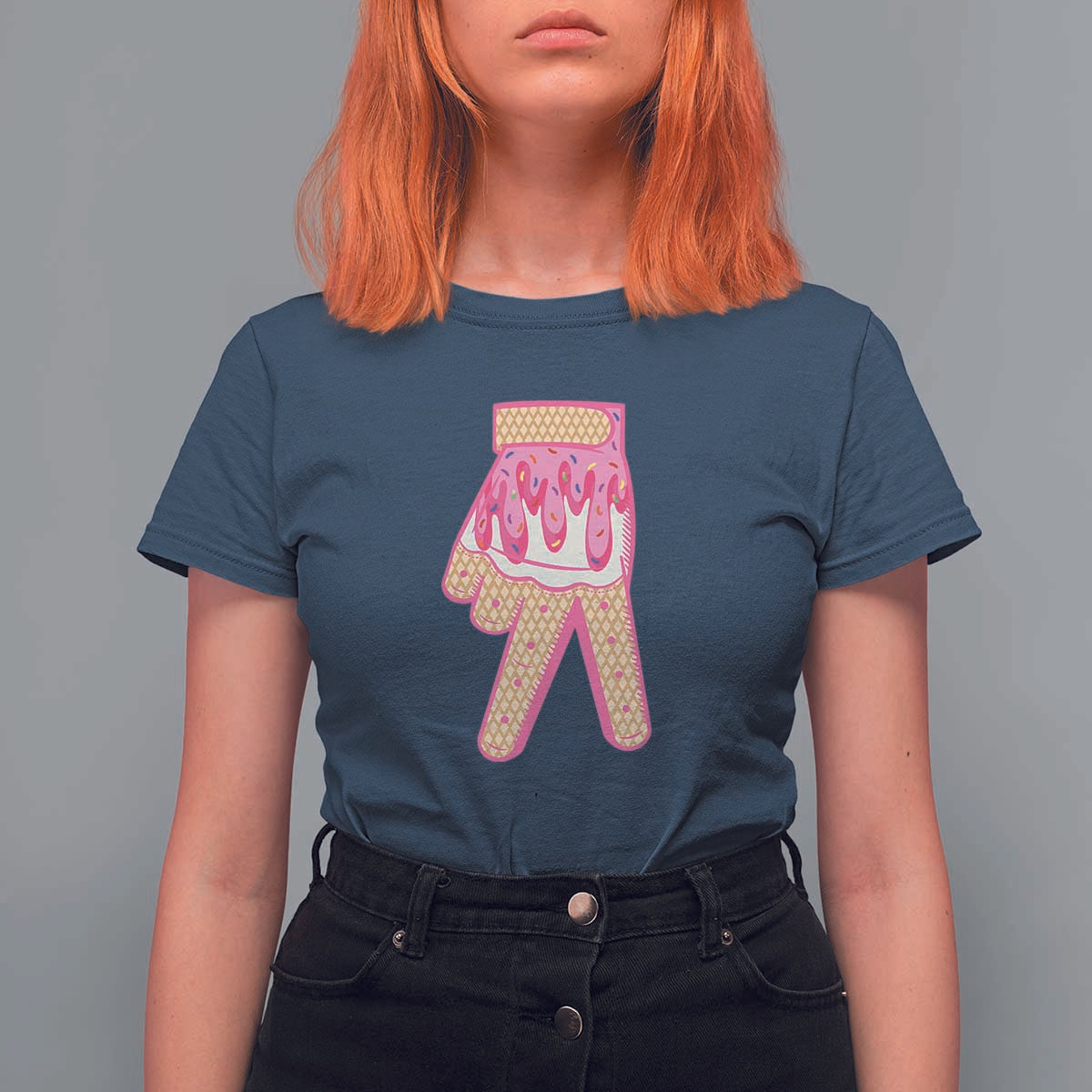 Pink Ice Cream Baseball Glove Sprinkles Drip T Shirt For Women Funny V Sign