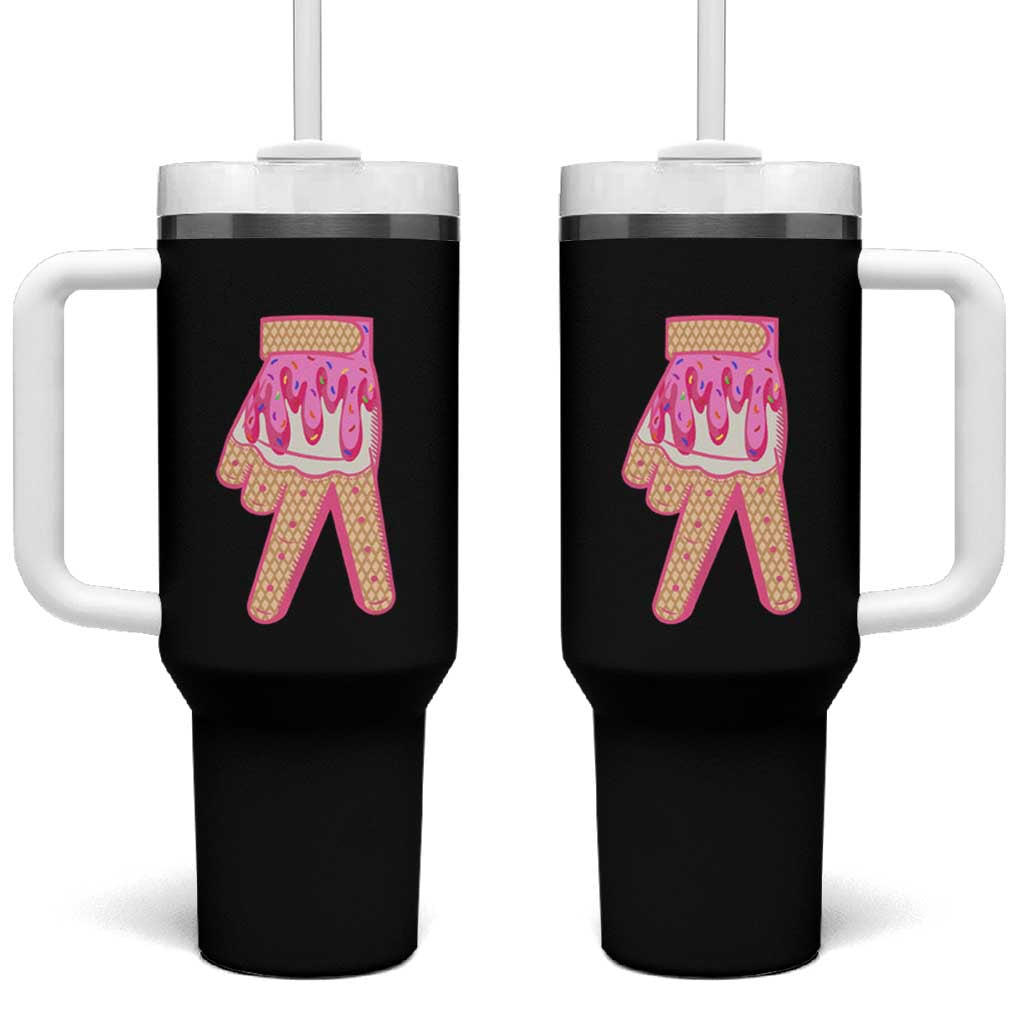 Pink Ice Cream Baseball Glove Sprinkles Drip Tumbler With Handle Funny V Sign