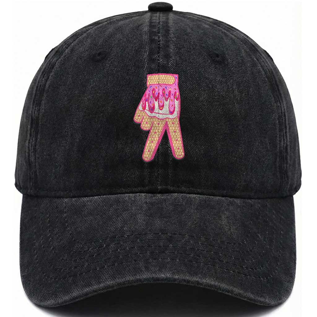 Pink Ice Cream Baseball Glove Sprinkles Drip Washed Cotton Baseball Cap Funny V Sign