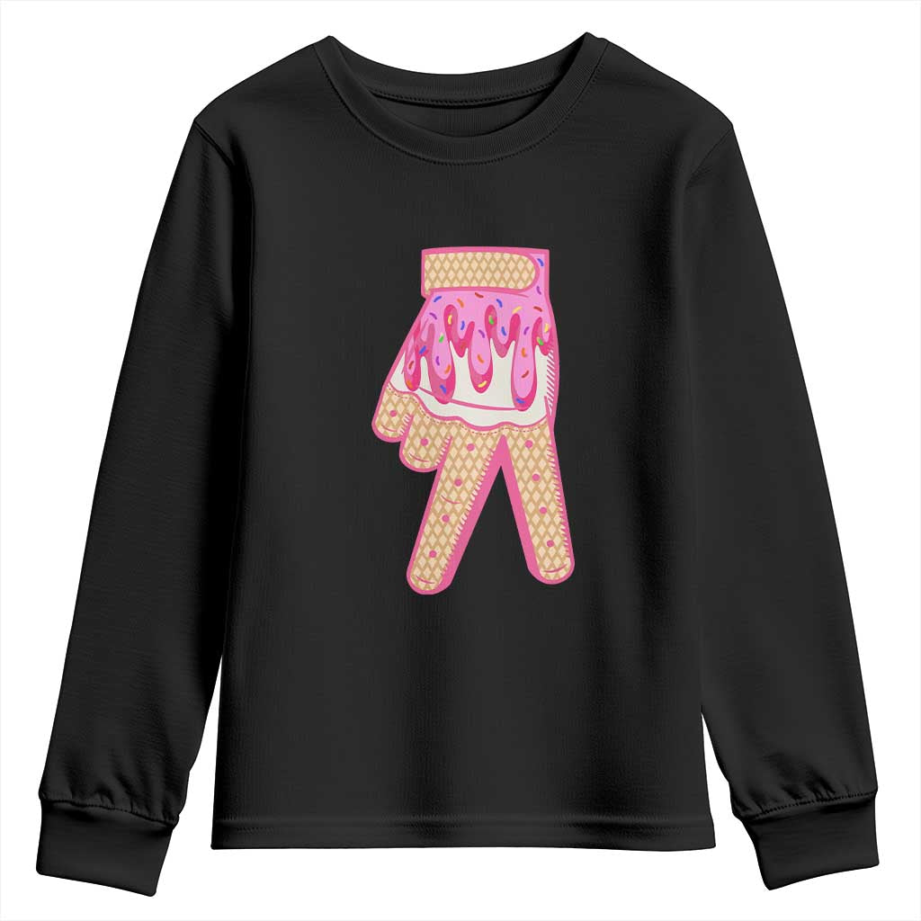 Pink Ice Cream Baseball Glove Sprinkles Drip Youth Sweatshirt Funny V Sign