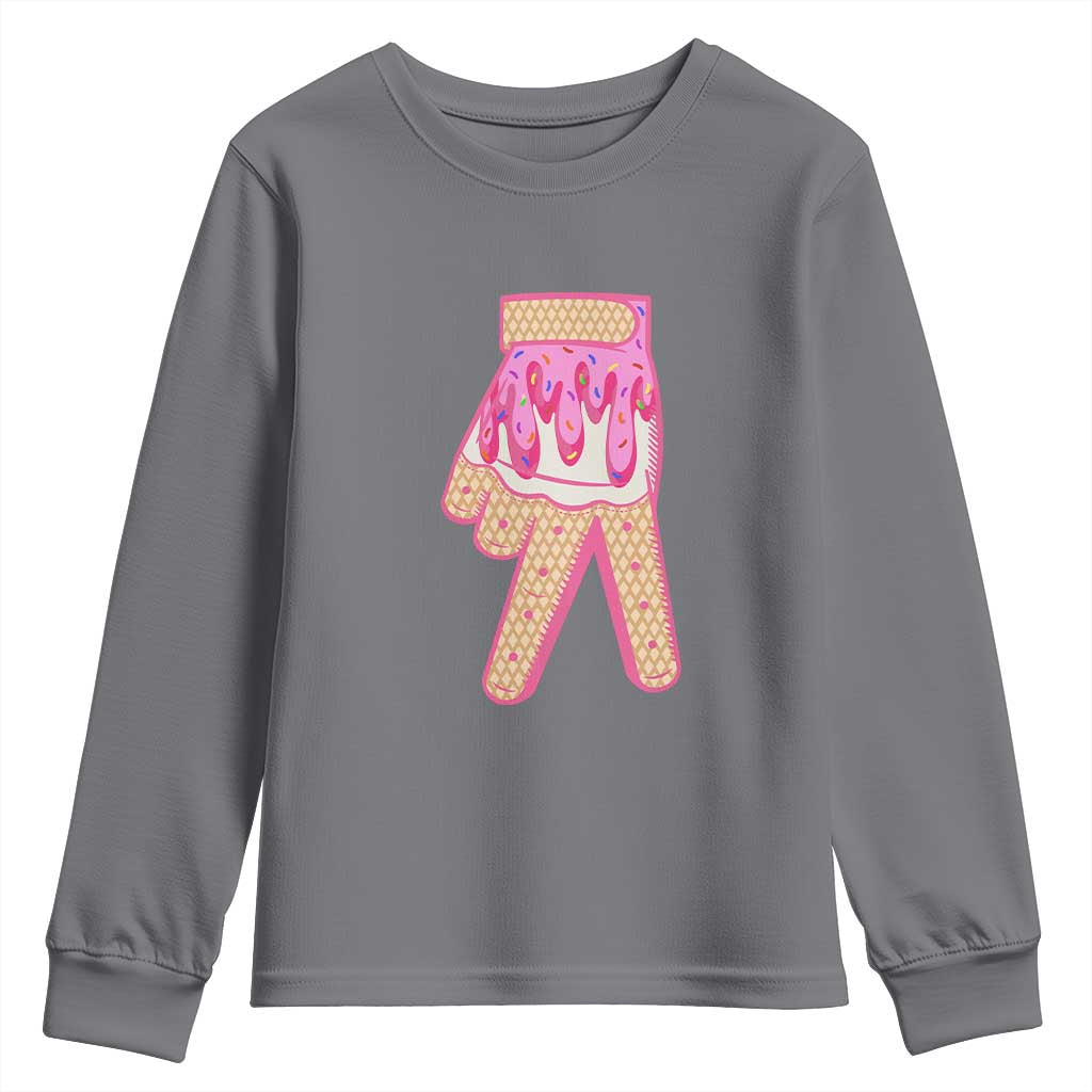 Pink Ice Cream Baseball Glove Sprinkles Drip Youth Sweatshirt Funny V Sign