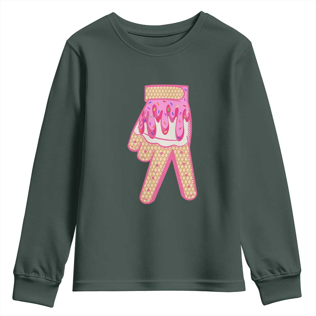 Pink Ice Cream Baseball Glove Sprinkles Drip Youth Sweatshirt Funny V Sign