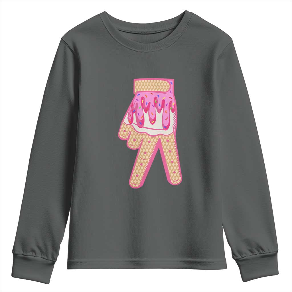 Pink Ice Cream Baseball Glove Sprinkles Drip Youth Sweatshirt Funny V Sign