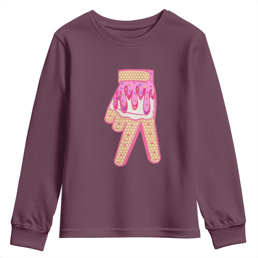Pink Ice Cream Baseball Glove Sprinkles Drip Youth Sweatshirt Funny V Sign