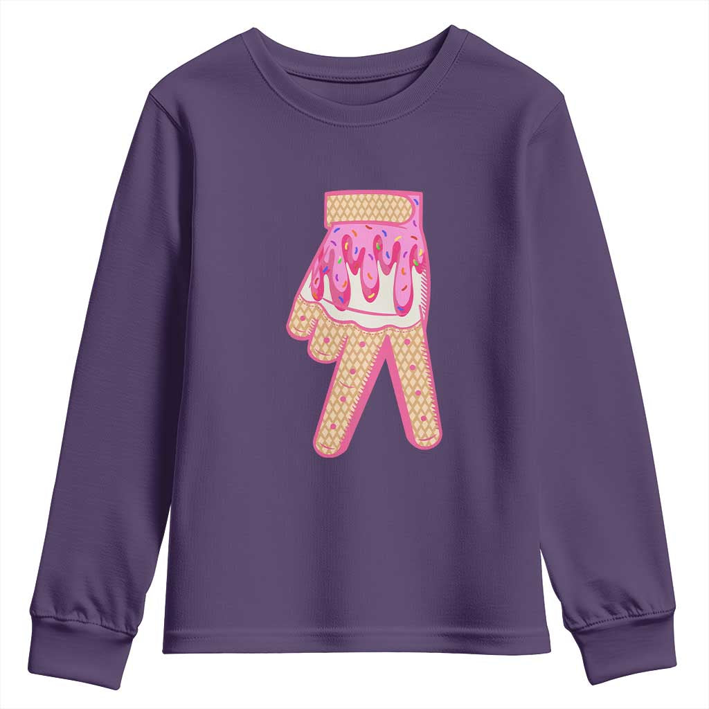 Pink Ice Cream Baseball Glove Sprinkles Drip Youth Sweatshirt Funny V Sign