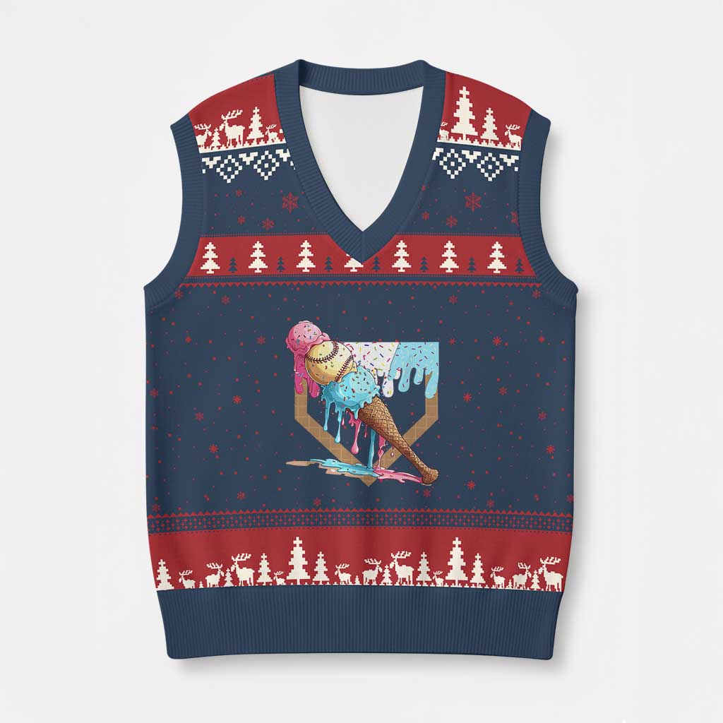 Baseball Home Ice Cream Dripping V-Neck Knit Sweater Vest - Wonder Print Shop