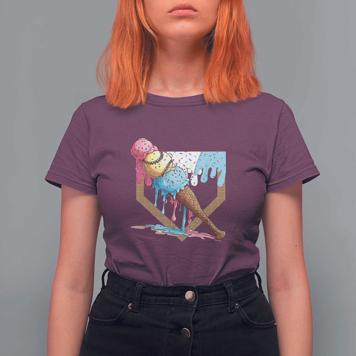 Baseball Home Ice Cream Dripping T Shirt For Women