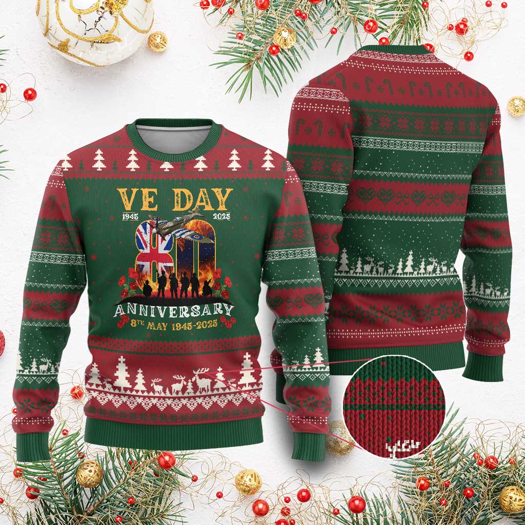 VE Day 80th Anniversary Ugly Christmas Sweater 2025 Celebration Union Flag WWII Remembrance - Wonder Print Shop
