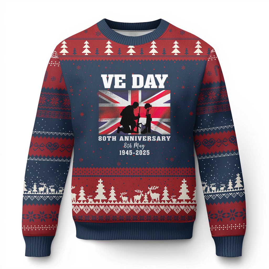 VE Day 80th Anniversary Ugly Christmas Sweater Victory in Europe Union Flag WWII Remembrance - Wonder Print Shop