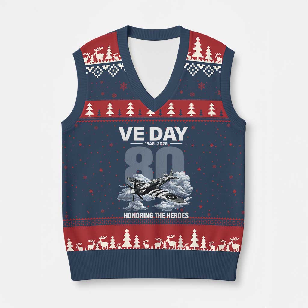 VE Day 80th Anniversary V-Neck Knit Sweater Vest 2025 Celebration WWII Remembrance Retro - Wonder Print Shop