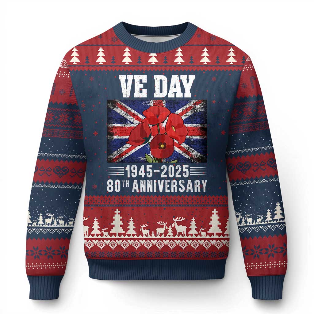 VE Day 80th Anniversary Ugly Christmas Sweater 2025 Celebration Union Flag Poppies WWII Remembrance - Wonder Print Shop