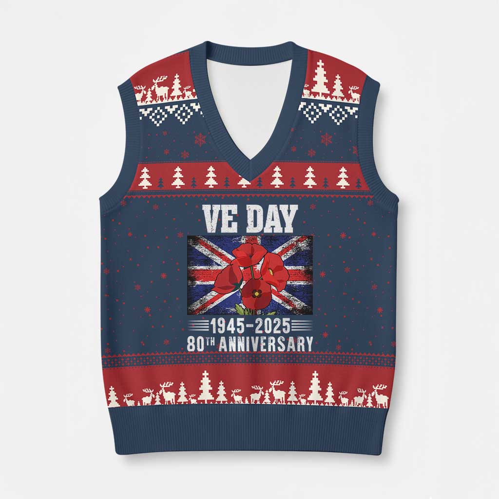 VE Day 80th Anniversary V-Neck Knit Sweater Vest 2025 Celebration Union Flag Poppies WWII Remembrance - Wonder Print Shop