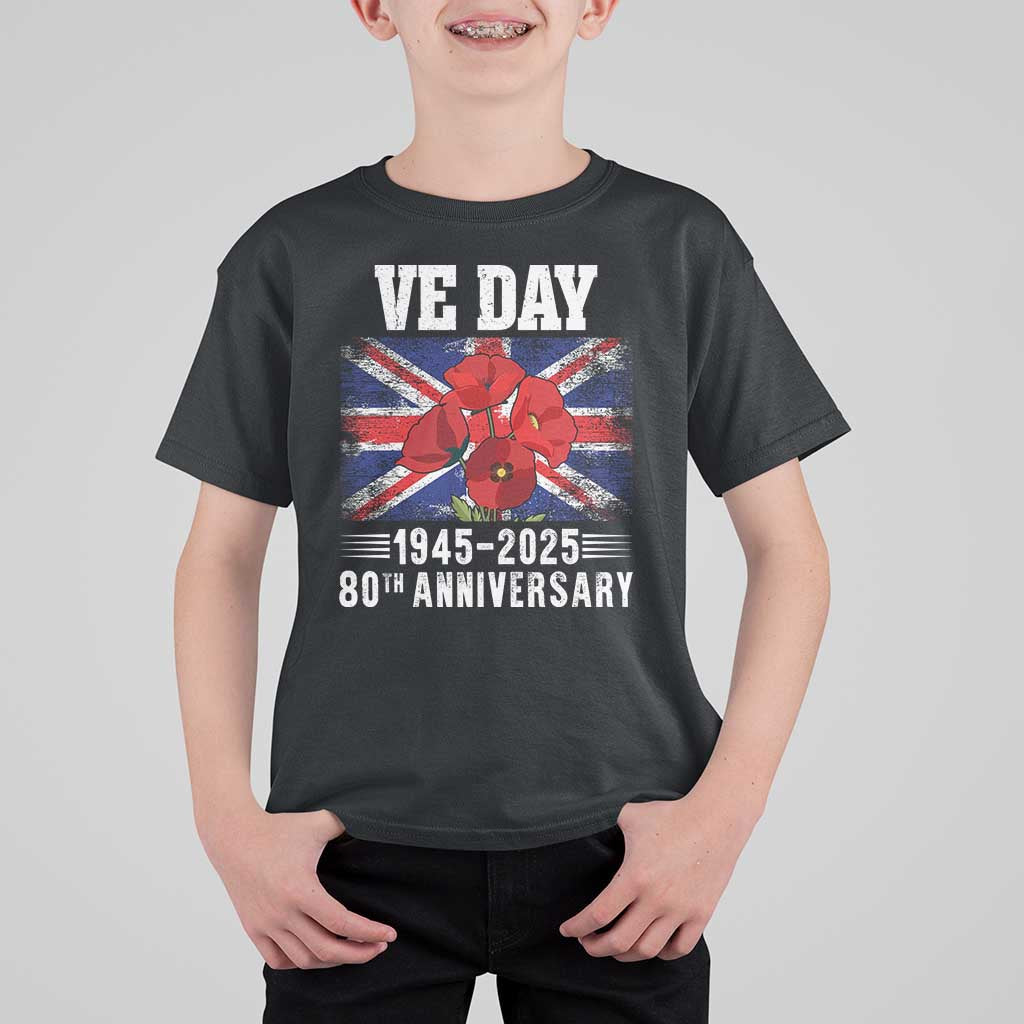 VE Day 80th Anniversary T Shirt For Kid 2025 Celebration Union Flag Poppies WWII Remembrance