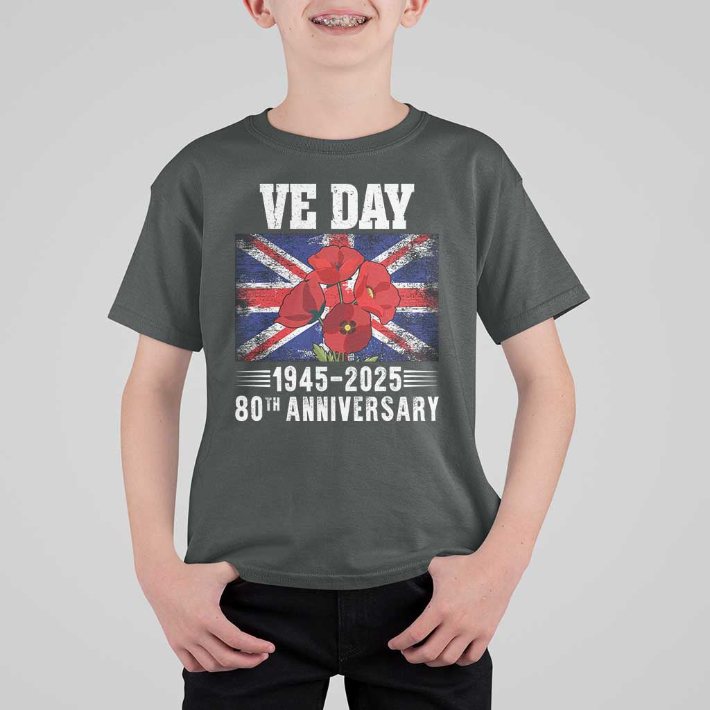 VE Day 80th Anniversary T Shirt For Kid 2025 Celebration Union Flag Poppies WWII Remembrance