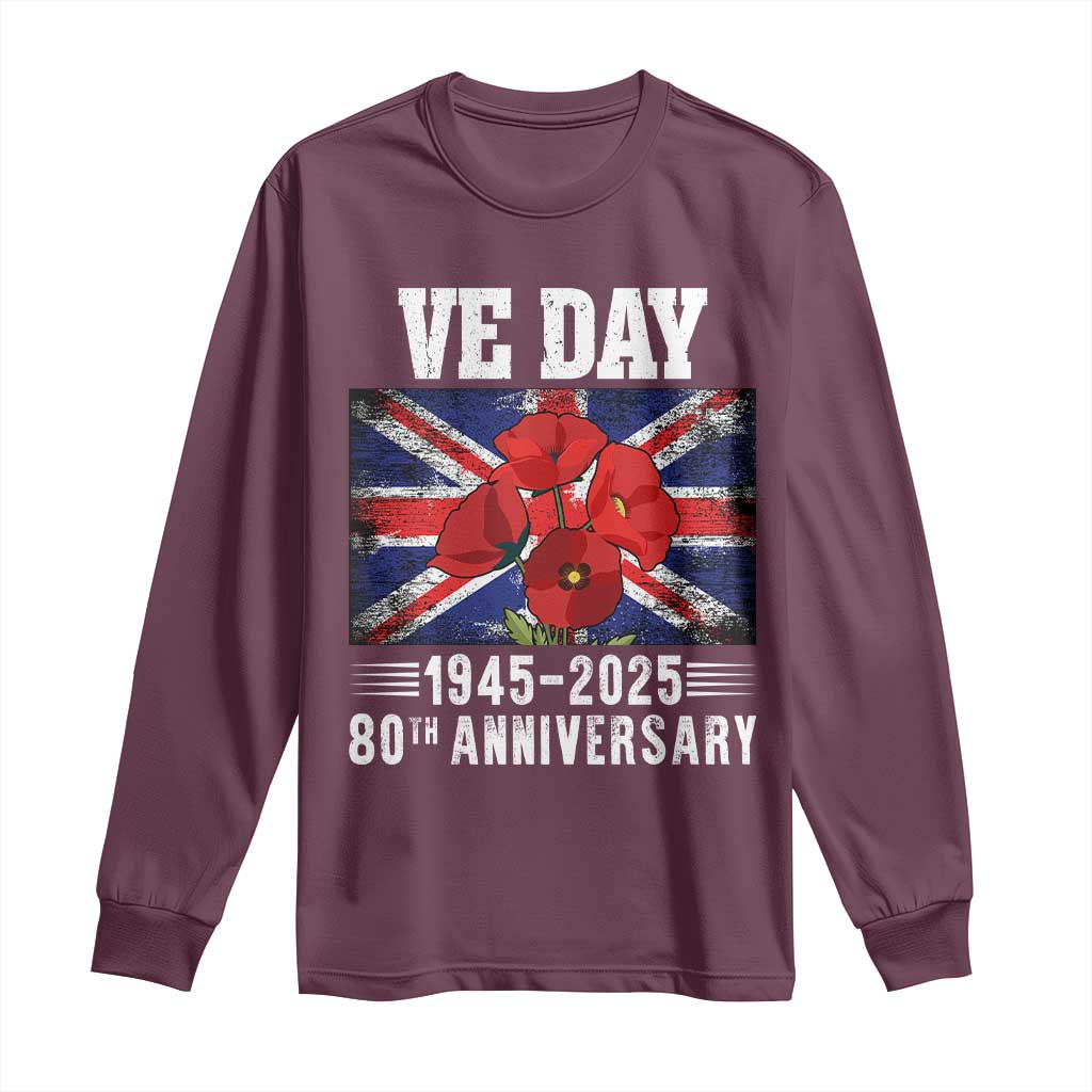 VE Day 80th Anniversary Long Sleeve Shirt 2025 Celebration Union Flag Poppies WWII Remembrance