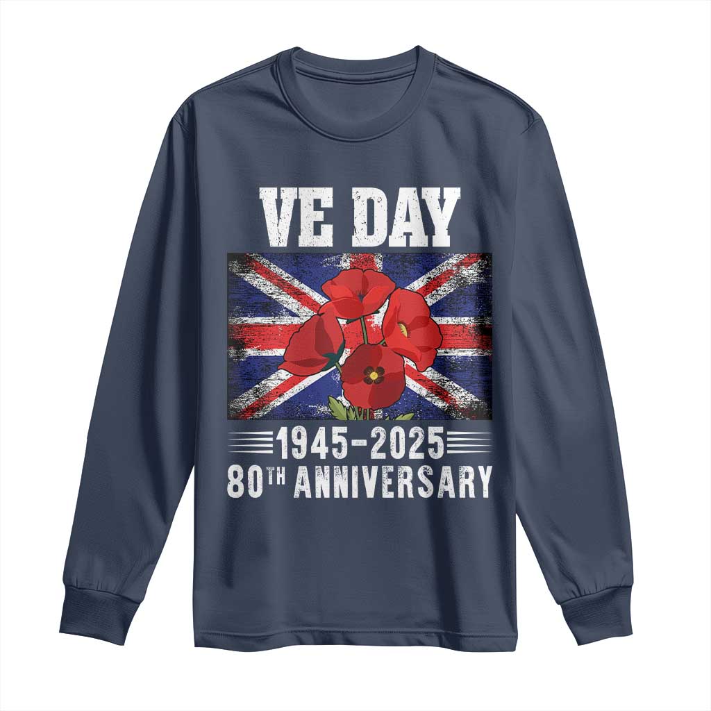 VE Day 80th Anniversary Long Sleeve Shirt 2025 Celebration Union Flag Poppies WWII Remembrance