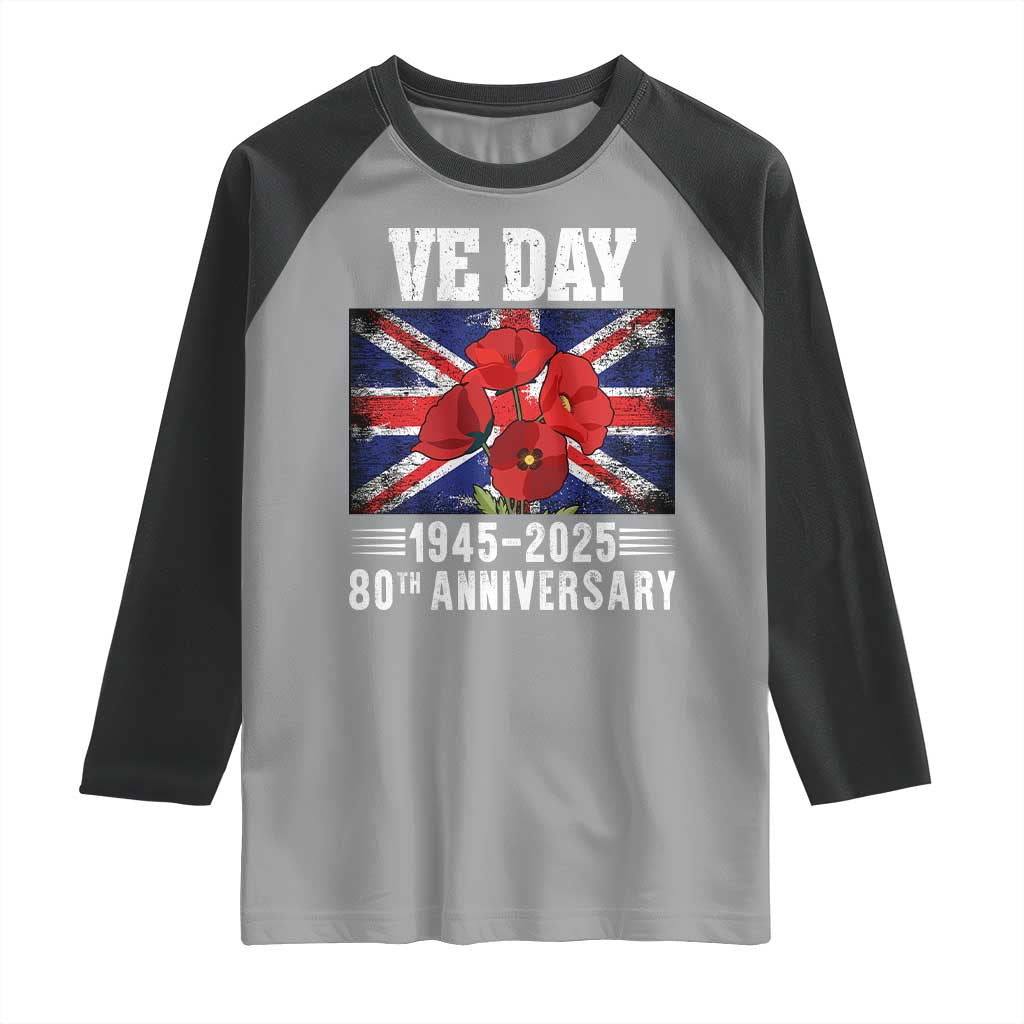 VE Day 80th Anniversary Raglan Shirt 2025 Celebration Union Flag Poppies WWII Remembrance