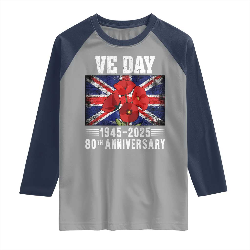 VE Day 80th Anniversary Raglan Shirt 2025 Celebration Union Flag Poppies WWII Remembrance