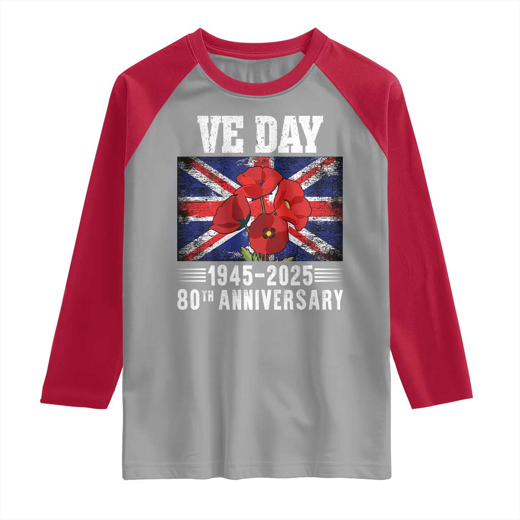 VE Day 80th Anniversary Raglan Shirt 2025 Celebration Union Flag Poppies WWII Remembrance