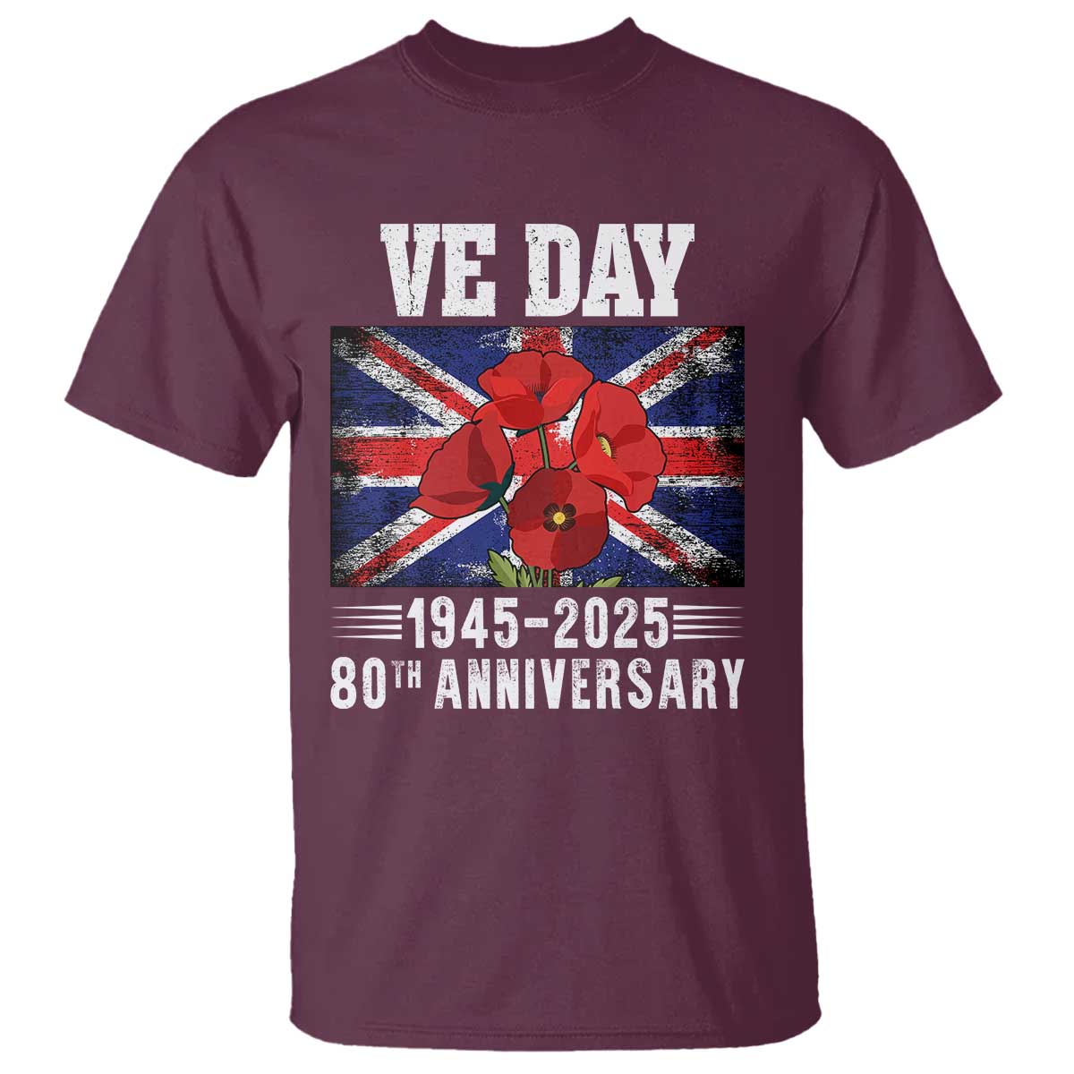 VE Day 80th Anniversary T Shirt 2025 Celebration Union Flag Poppies WWII Remembrance