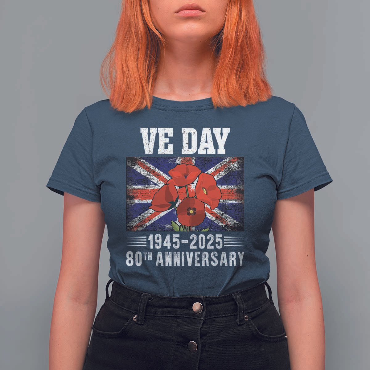 VE Day 80th Anniversary T Shirt For Women 2025 Celebration Union Flag Poppies WWII Remembrance