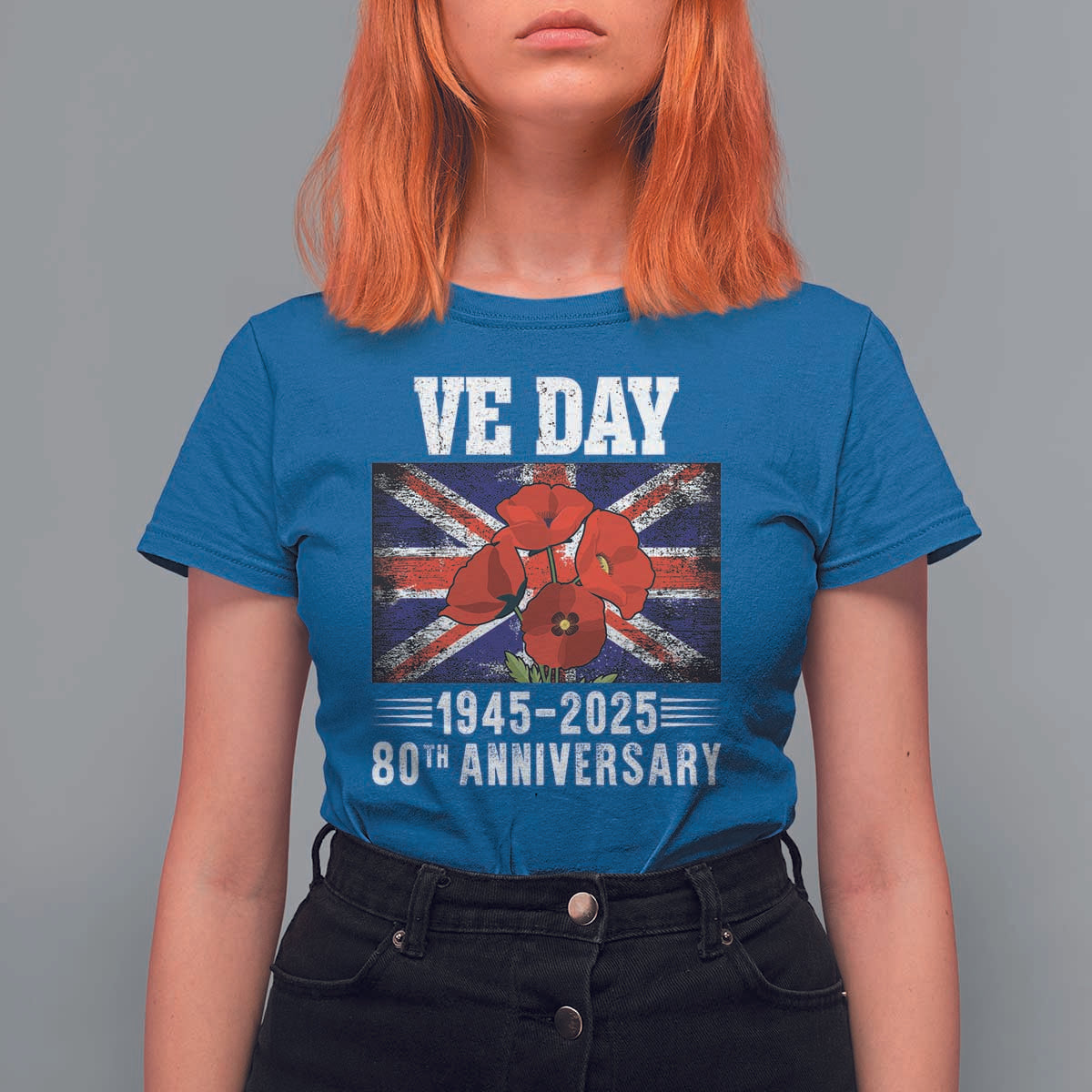 VE Day 80th Anniversary T Shirt For Women 2025 Celebration Union Flag Poppies WWII Remembrance