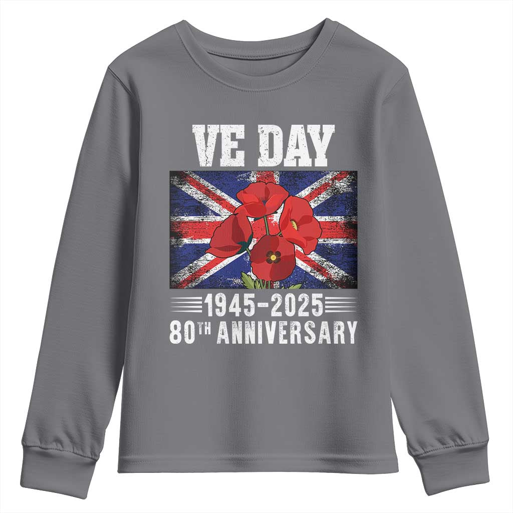 VE Day 80th Anniversary Youth Sweatshirt 2025 Celebration Union Flag Poppies WWII Remembrance