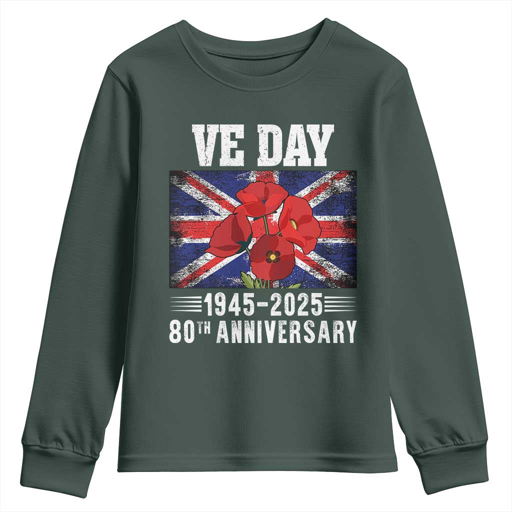 VE Day 80th Anniversary Youth Sweatshirt 2025 Celebration Union Flag Poppies WWII Remembrance
