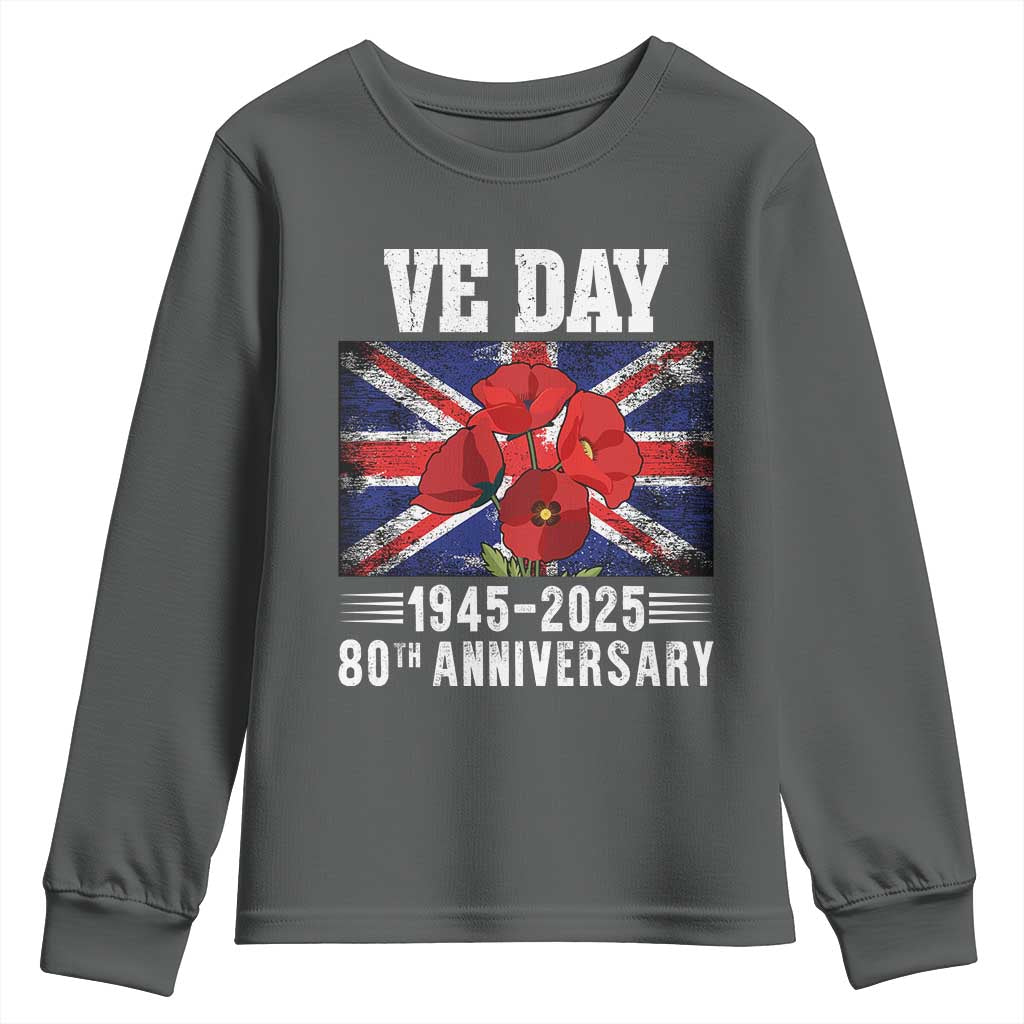 VE Day 80th Anniversary Youth Sweatshirt 2025 Celebration Union Flag Poppies WWII Remembrance