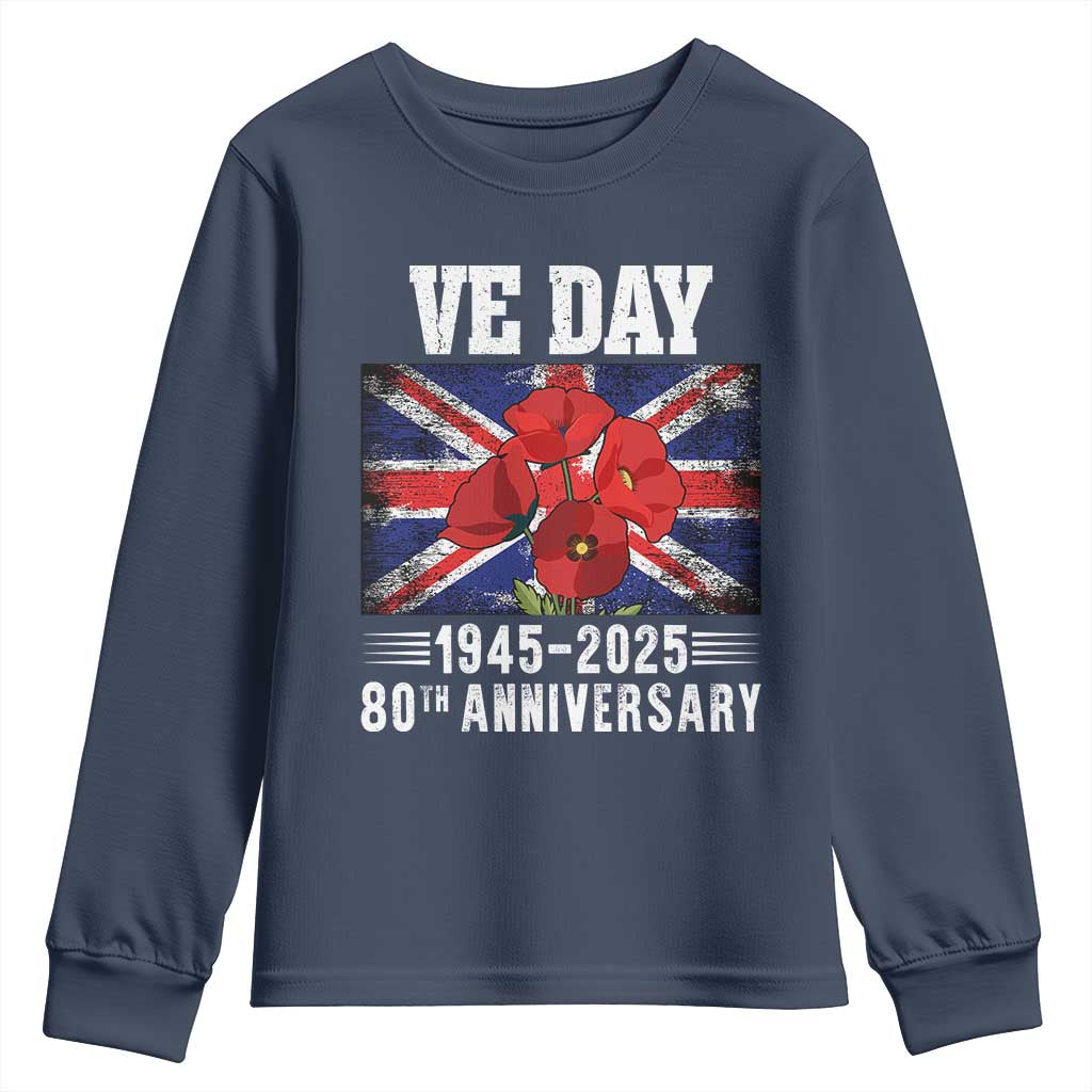 VE Day 80th Anniversary Youth Sweatshirt 2025 Celebration Union Flag Poppies WWII Remembrance