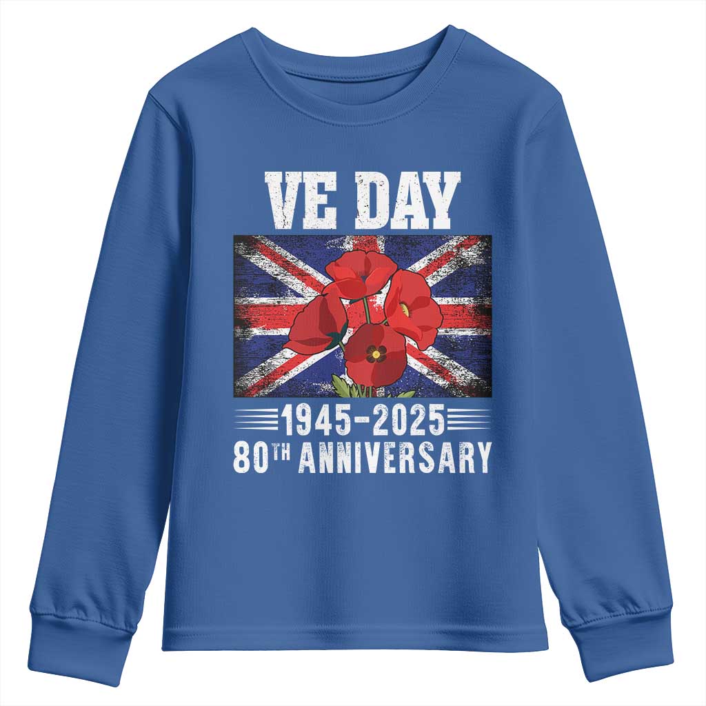 VE Day 80th Anniversary Youth Sweatshirt 2025 Celebration Union Flag Poppies WWII Remembrance