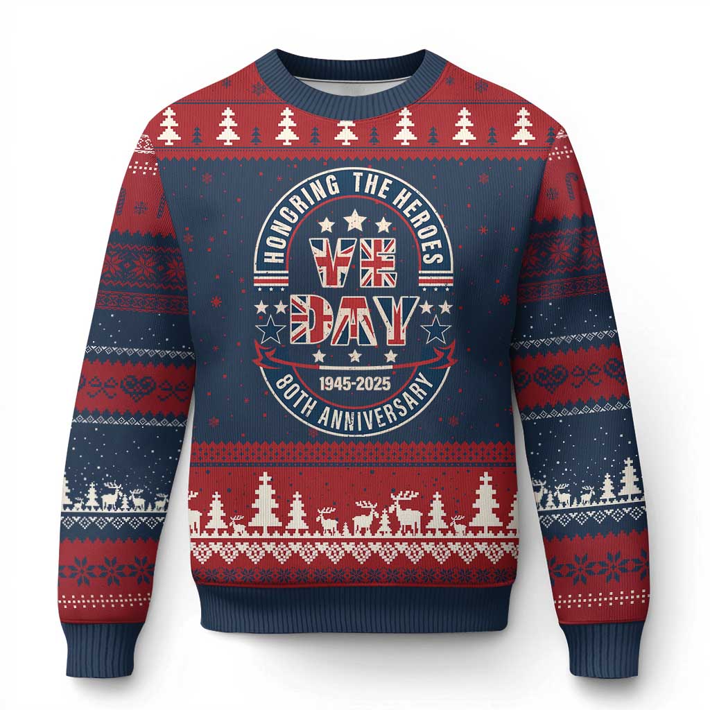 VE Day 80th Anniversary Ugly Christmas Sweater 2025 Patriotic WWII Remembrance Vintage - Wonder Print Shop