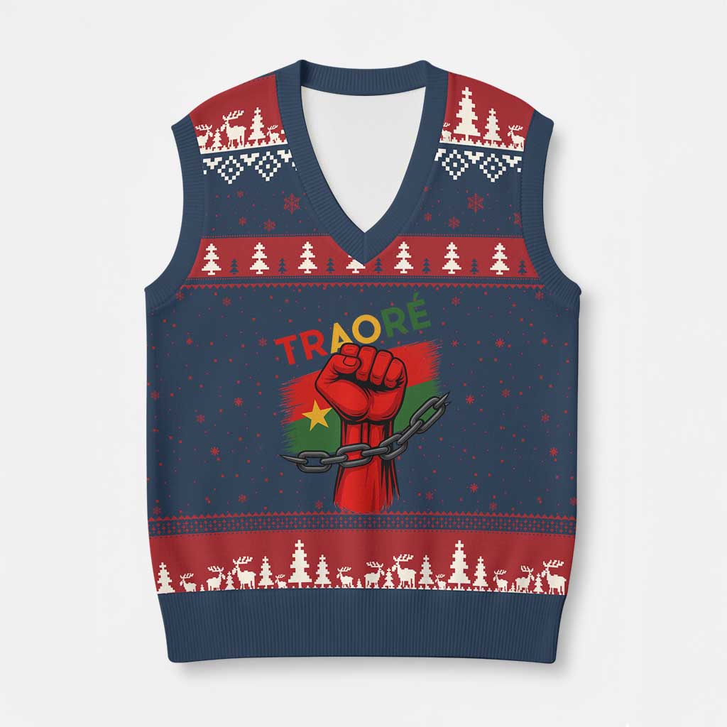 Traoré 2025 Burkina Faso Flag V-Neck Knit Sweater Vest Raised Fist Broken Chains - Wonder Print Shop