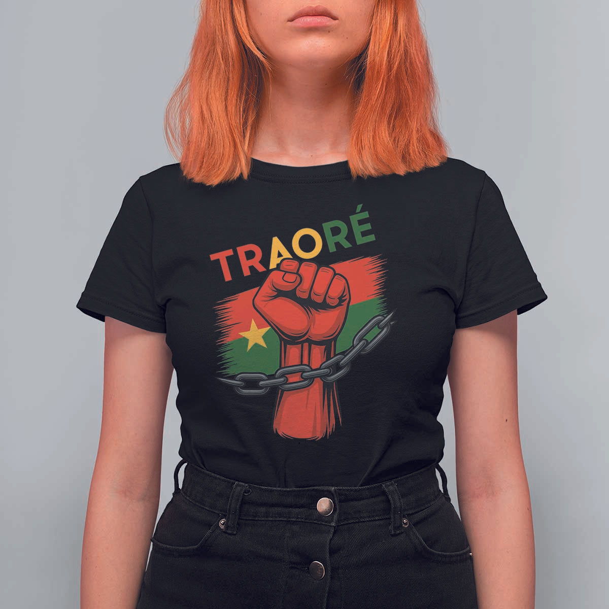Traoré 2025 Burkina Faso Flag T Shirt For Women Raised Fist Broken Chains