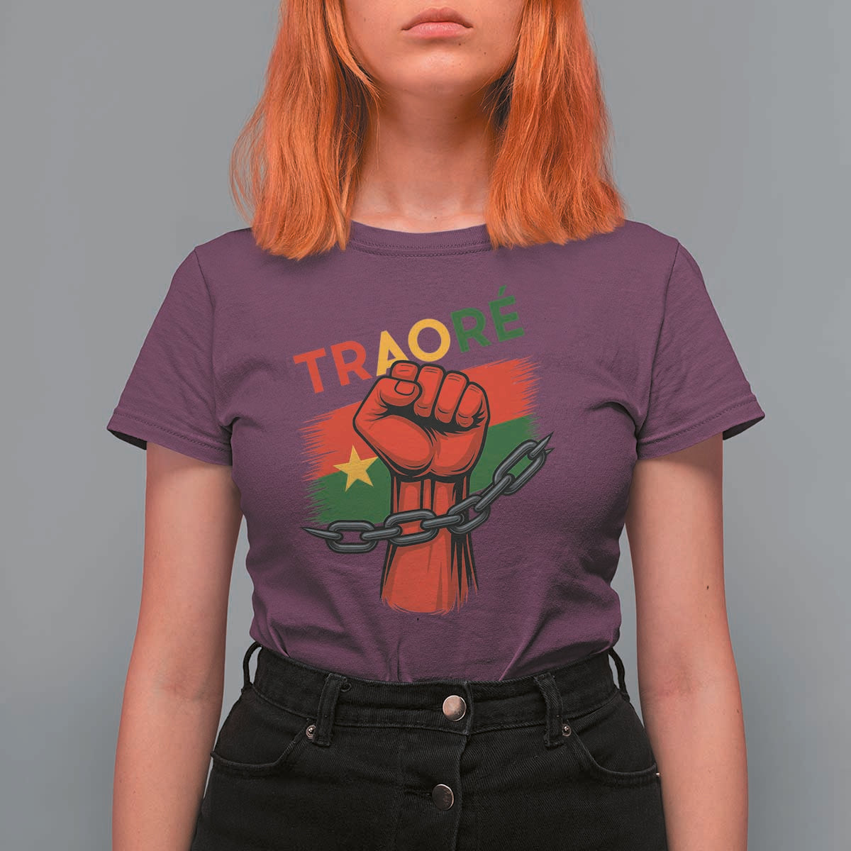Traoré 2025 Burkina Faso Flag T Shirt For Women Raised Fist Broken Chains