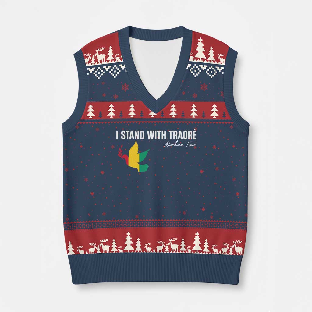 I Stand With Traoré V-Neck Knit Sweater Vest Burkina Faso Peace Dove - Wonder Print Shop