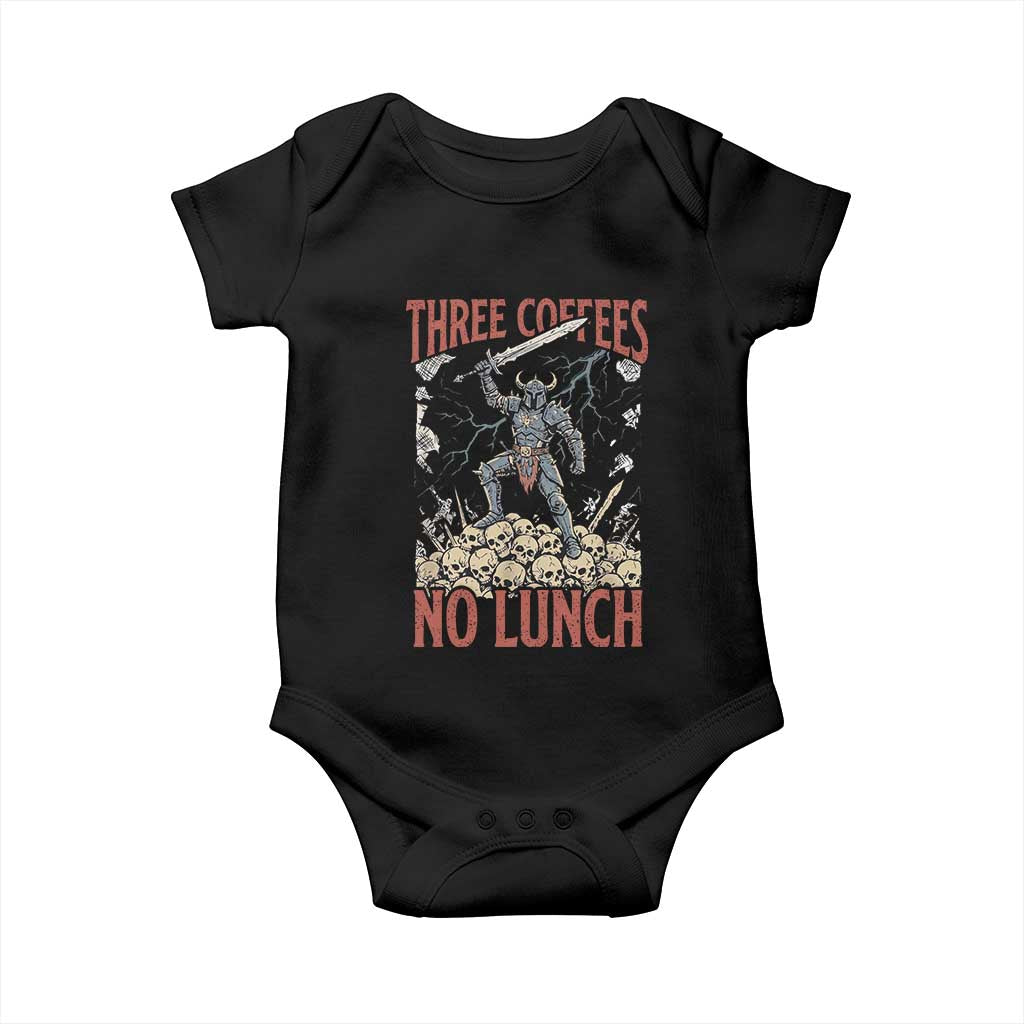 Funny Coffee Lover Fantasy Knight Graphic Baby Onesie Three Coffees No Lunch Work Humor Dark Fantasy Parody