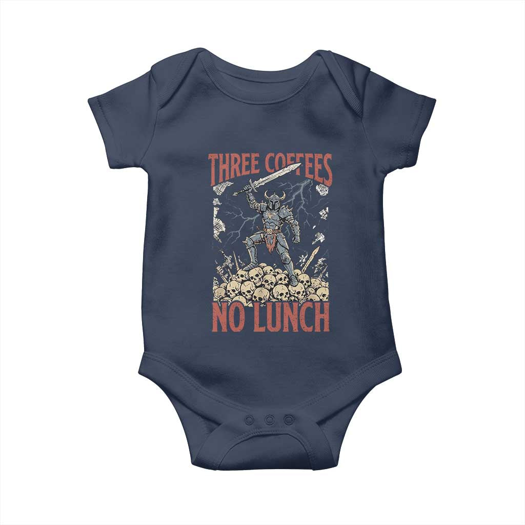 Funny Coffee Lover Fantasy Knight Graphic Baby Onesie Three Coffees No Lunch Work Humor Dark Fantasy Parody