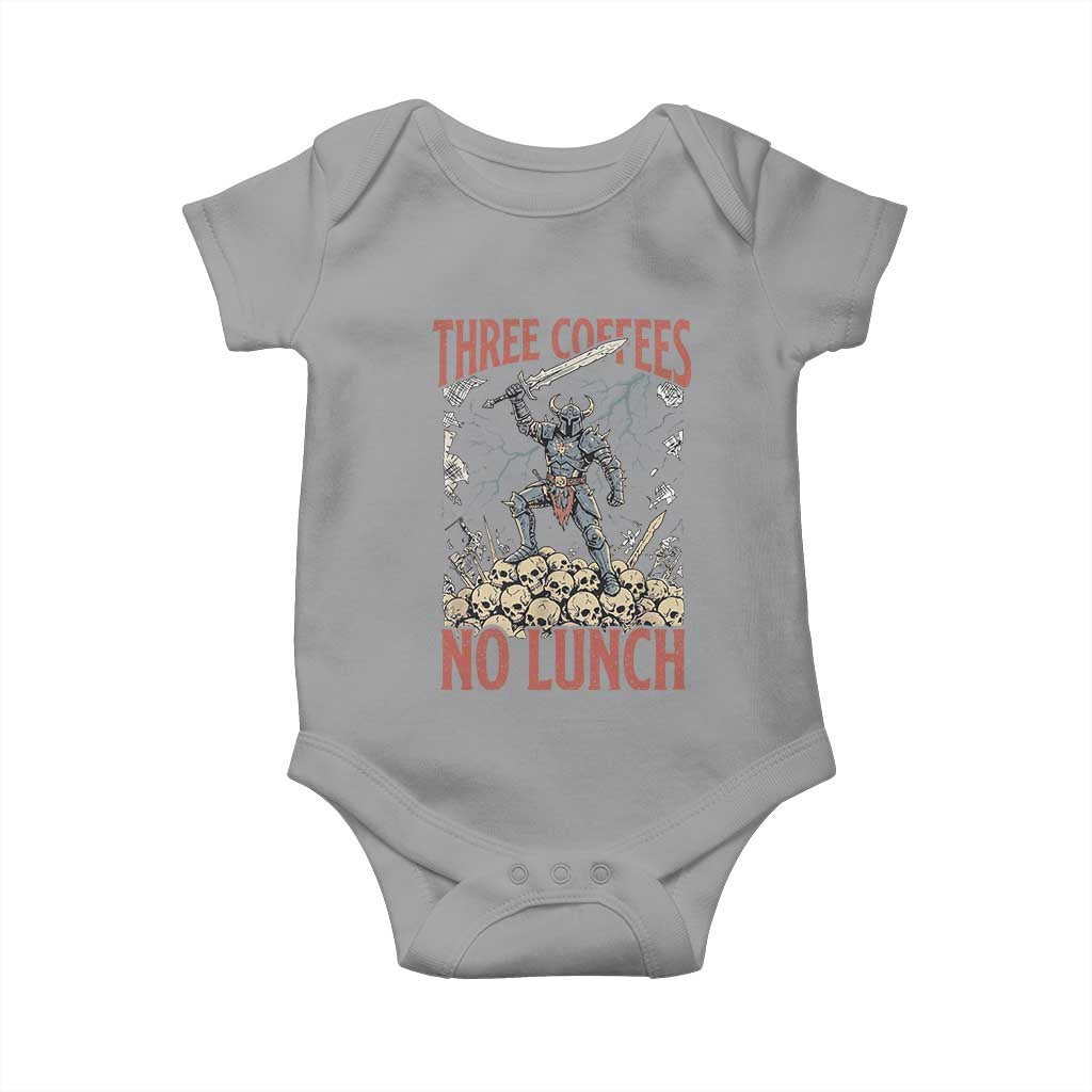 Funny Coffee Lover Fantasy Knight Graphic Baby Onesie Three Coffees No Lunch Work Humor Dark Fantasy Parody