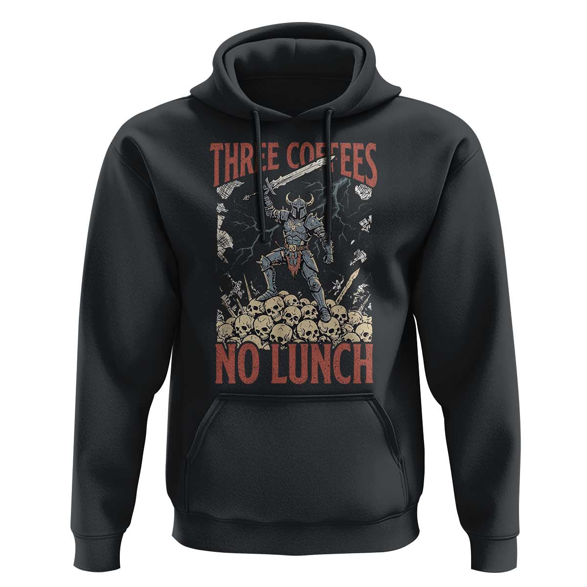 Funny Coffee Lover Fantasy Knight Graphic Hoodie Three Coffees No Lunch Work Humor Dark Fantasy Parody