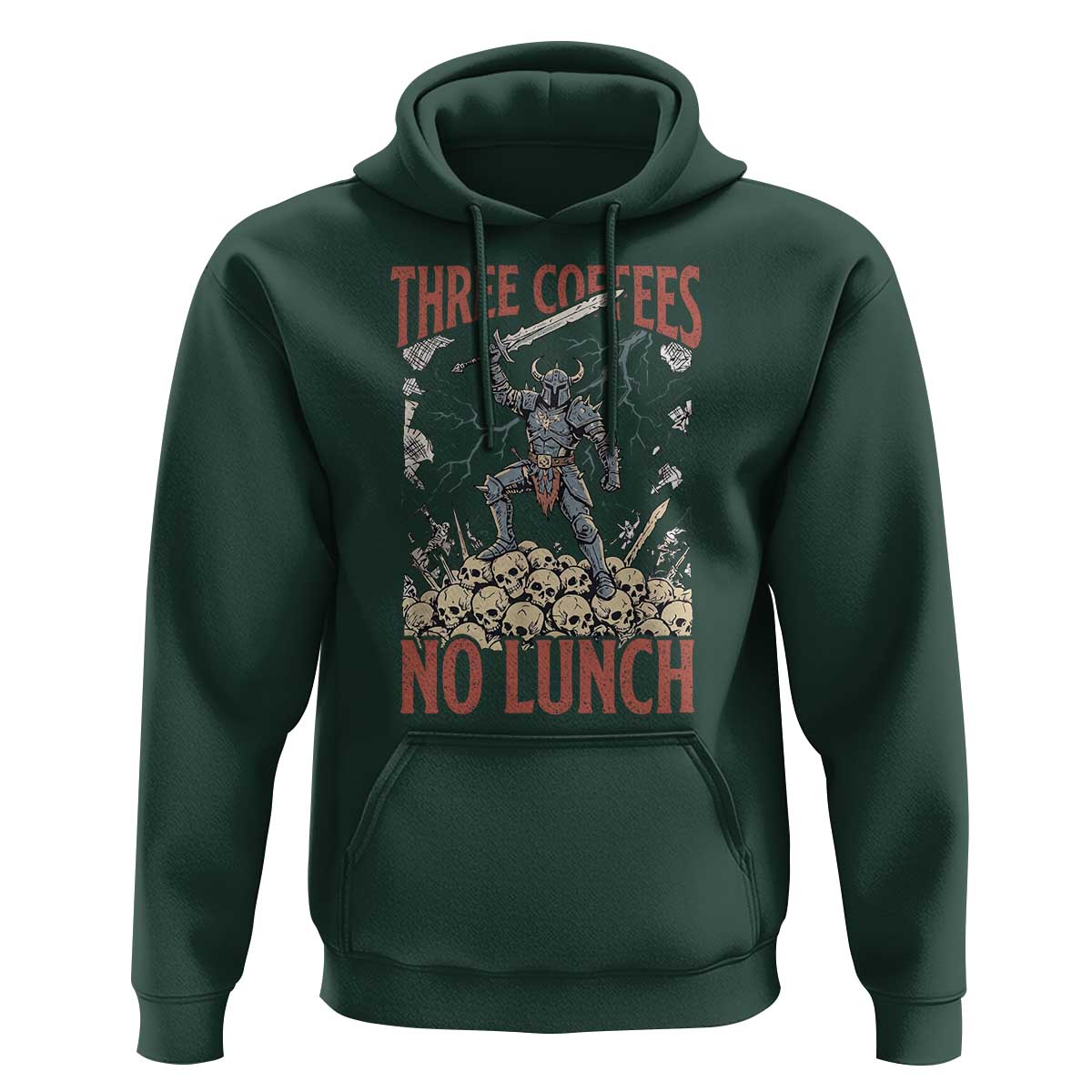 Funny Coffee Lover Fantasy Knight Graphic Hoodie Three Coffees No Lunch Work Humor Dark Fantasy Parody