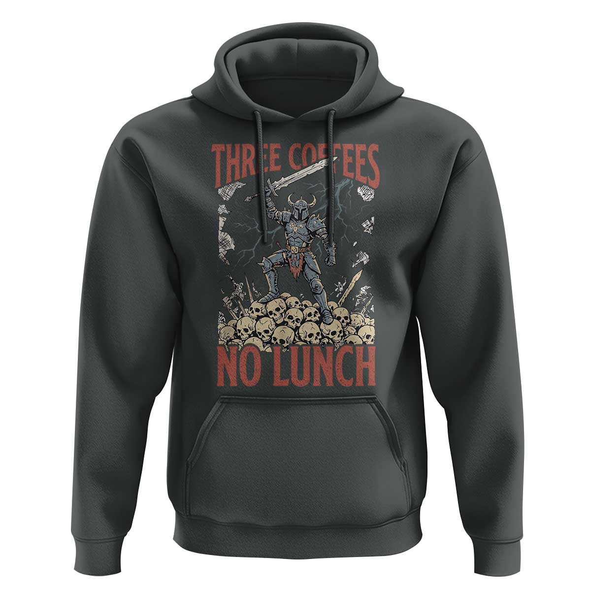 Funny Coffee Lover Fantasy Knight Graphic Hoodie Three Coffees No Lunch Work Humor Dark Fantasy Parody