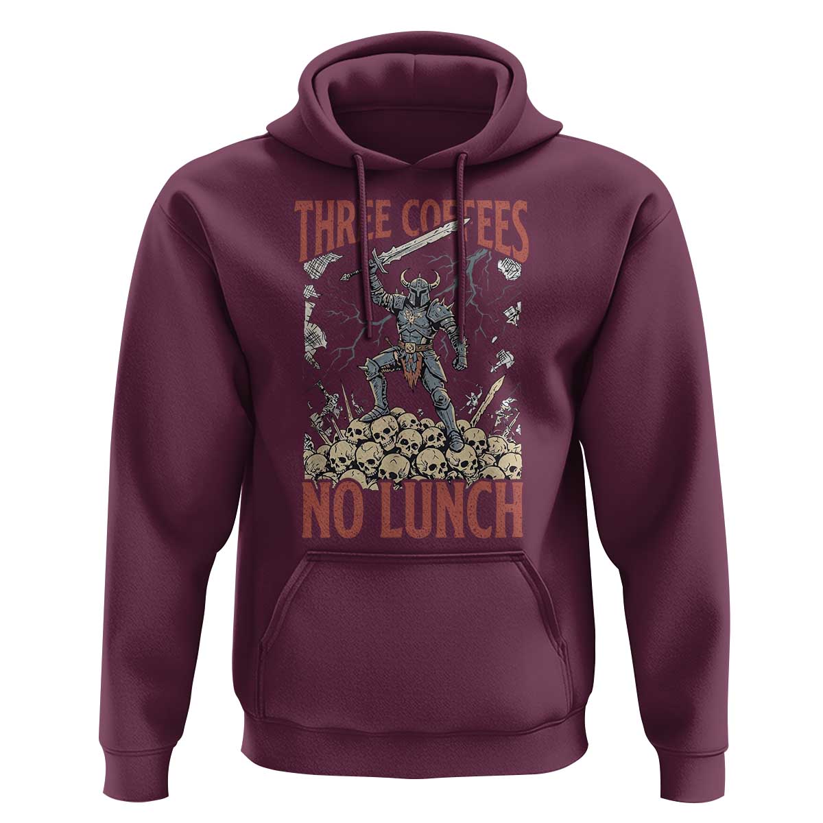 Funny Coffee Lover Fantasy Knight Graphic Hoodie Three Coffees No Lunch Work Humor Dark Fantasy Parody