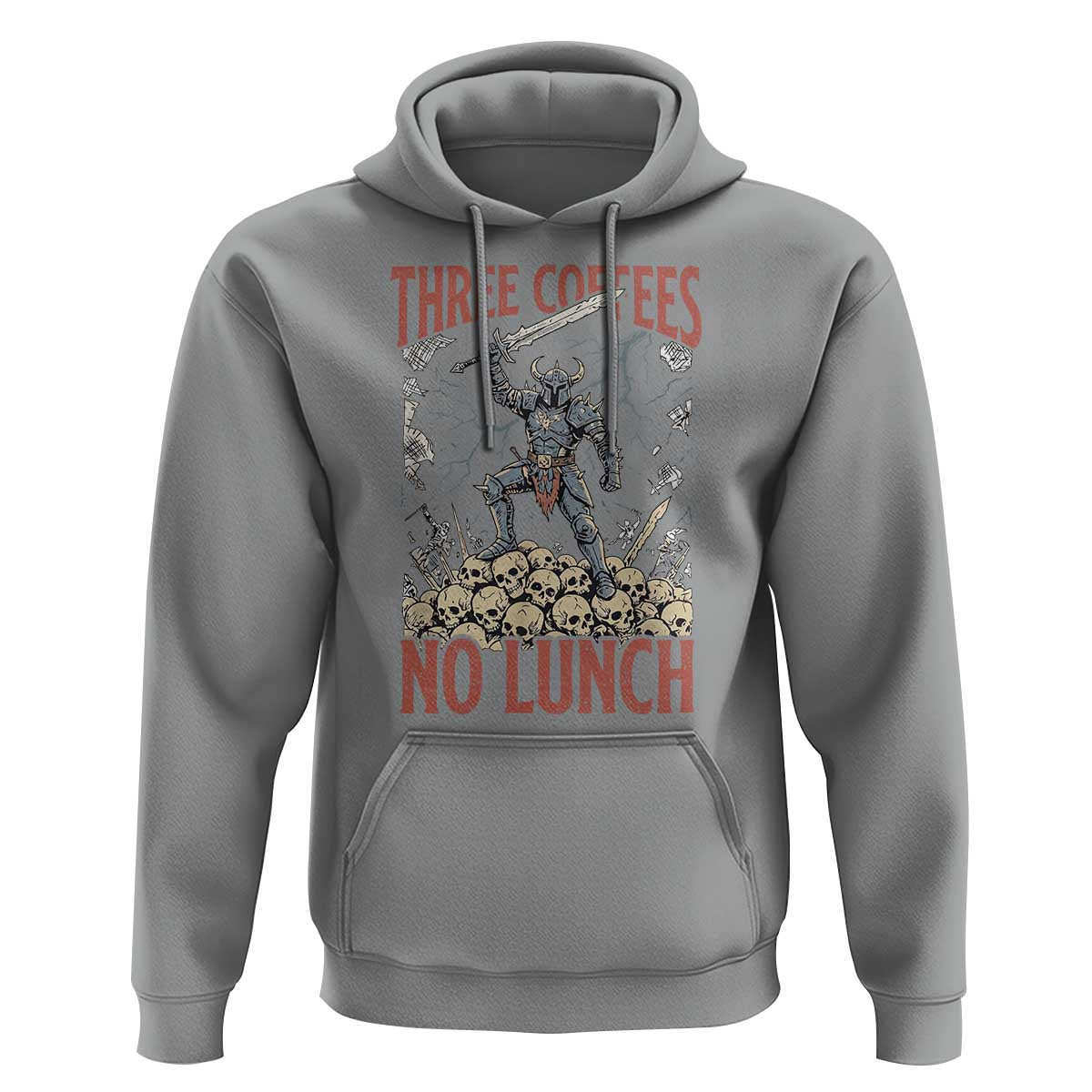 Funny Coffee Lover Fantasy Knight Graphic Hoodie Three Coffees No Lunch Work Humor Dark Fantasy Parody
