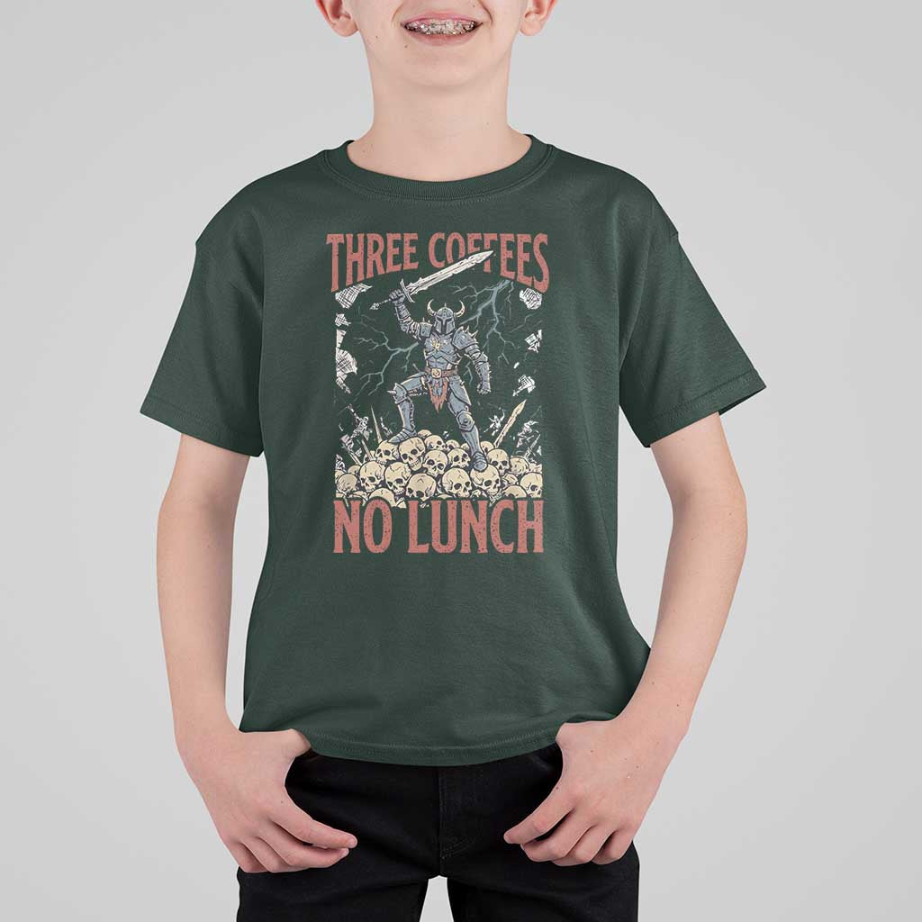 Funny Coffee Lover Fantasy Knight Graphic T Shirt For Kid Three Coffees No Lunch Work Humor Dark Fantasy Parody