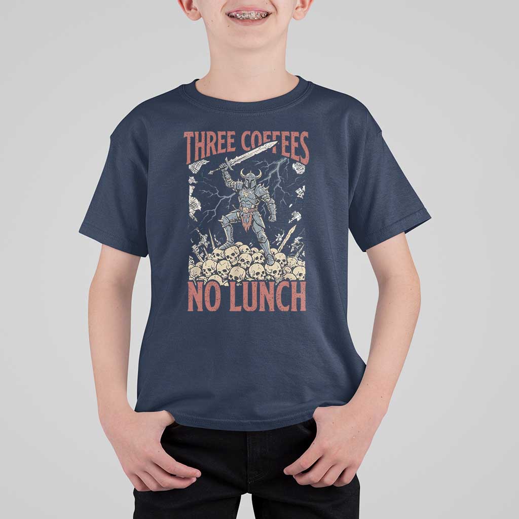 Funny Coffee Lover Fantasy Knight Graphic T Shirt For Kid Three Coffees No Lunch Work Humor Dark Fantasy Parody