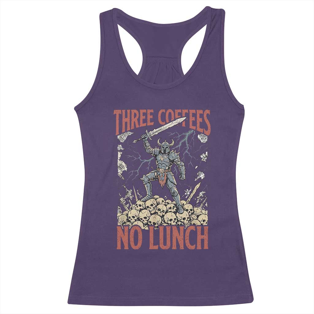 Funny Coffee Lover Fantasy Knight Graphic Racerback Tank Top Three Coffees No Lunch Work Humor Dark Fantasy Parody