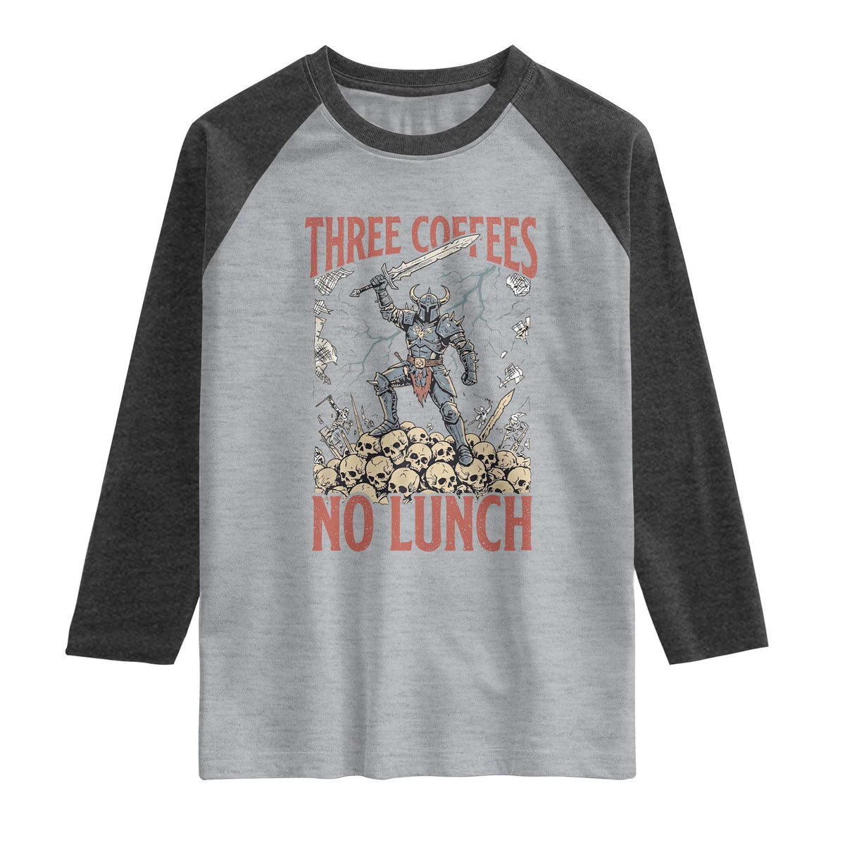 Funny Coffee Lover Fantasy Knight Graphic Raglan Shirt Three Coffees No Lunch Work Humor Dark Fantasy Parody