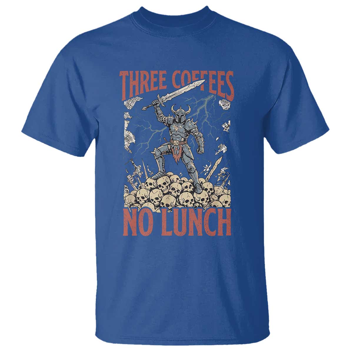 Funny Coffee Lover Fantasy Knight Graphic T Shirt Three Coffees No Lunch Work Humor Dark Fantasy Parody
