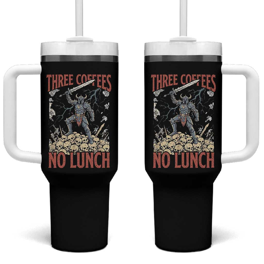 Funny Coffee Lover Fantasy Knight Graphic Tumbler With Handle Three Coffees No Lunch Work Humor Dark Fantasy Parody